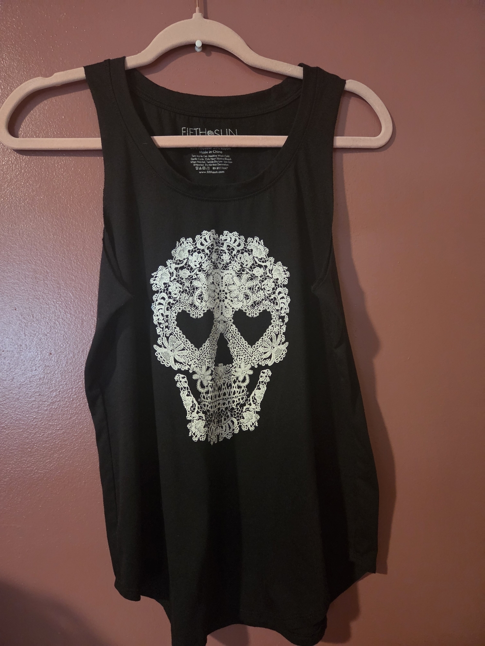 Fifth Sun Black Tank Top with Ivory Lace Skull Graphic